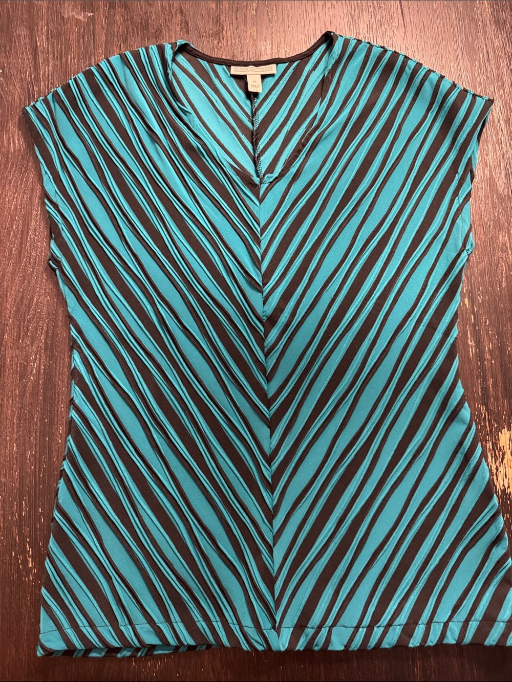 Dana Buchman Teal and Black Striped V-Neck Short Sleeve Tee